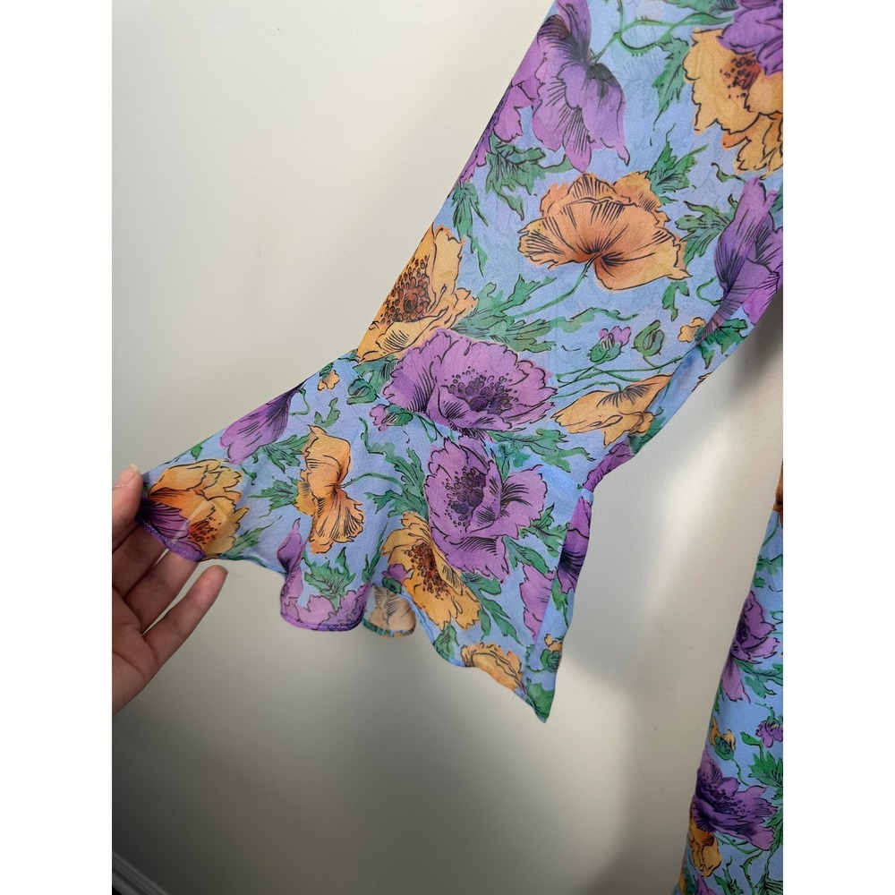 Veronica Beard Silk Floral Mini Dress 12 Blue Purple Excellent Ruched Bell - Picture 7 of 8